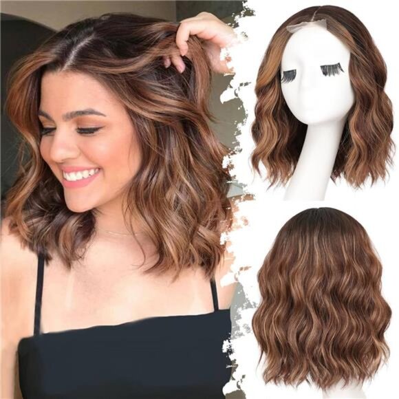 Accessories - Brown Highlight Short Wavy Wig for Women Lace Hairline Bob Style Synthetic Heat